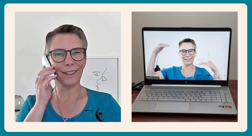 zeigt Inhalt des Angebots, Alexandra Fischer im Gespräch am Telefon und im Video